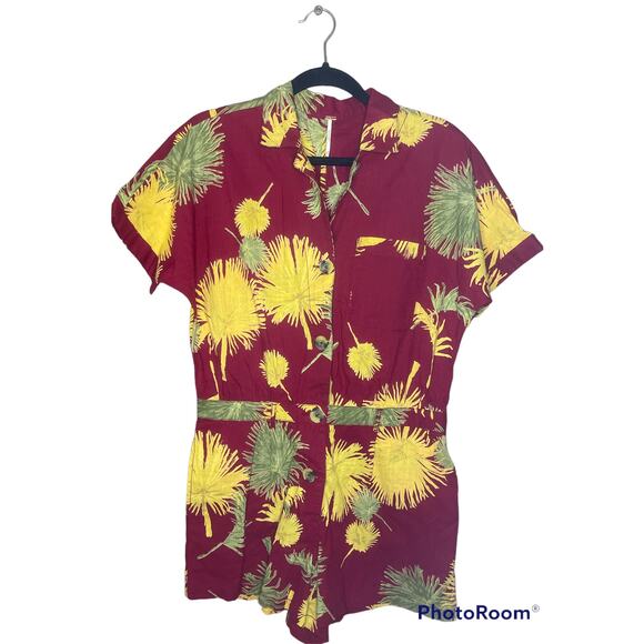 Free People Malibu Red Yellow Floral Print Hawaiian Tropical Palm Romper Size M - Picture 1 of 7